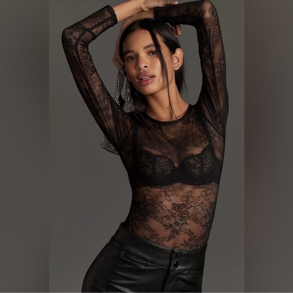 Anthropologie Tops - NWT Anthropologie The Harlowe Lace Bodysuit Size Large Black Long Sleeve  large
